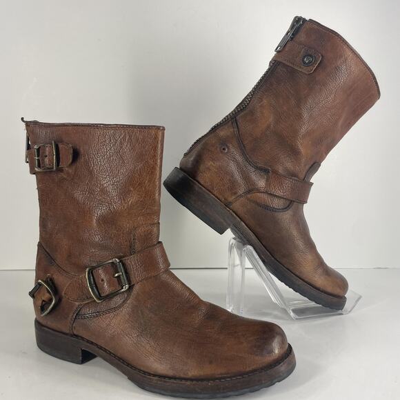 Frye Veronica Back Zip Short Boots Womens 7 Brown Leather Engineer Moto Buckle - Picture 1 of 16